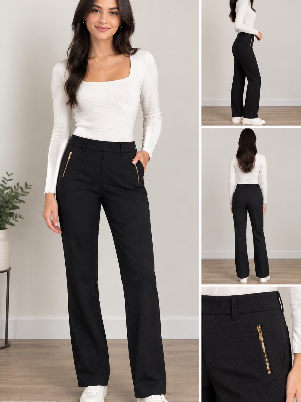 Jones New York Signature Black Dress Pants Size 8 Gold Zip Pockets